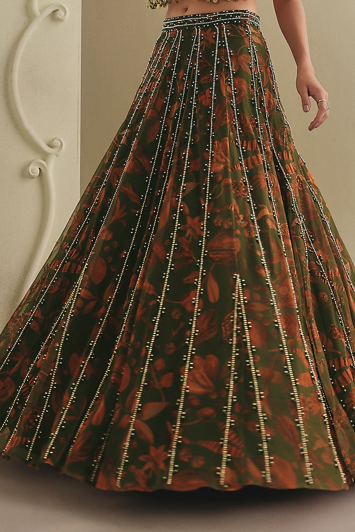 Olive Green & Orange Net Floral Printed Wedding Lehenga Set by Payal & Zinal at Pernia's Pop Up Shop