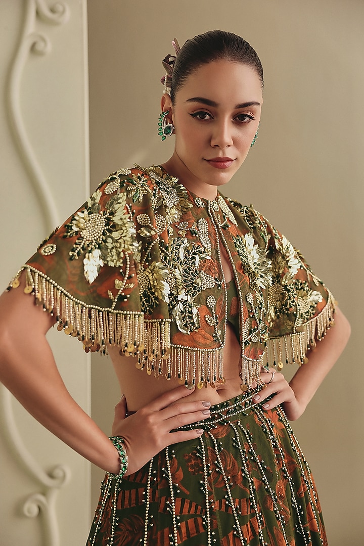 Olive Green & Orange Net Floral Printed Wedding Lehenga Set by Payal & Zinal at Pernia's Pop Up Shop