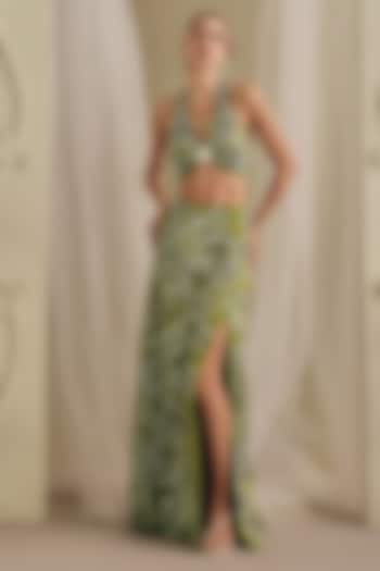 Olive Green Gajji Silk Floral Embroidered Slit Skirt Set by Payal & Zinal at Pernia's Pop Up Shop