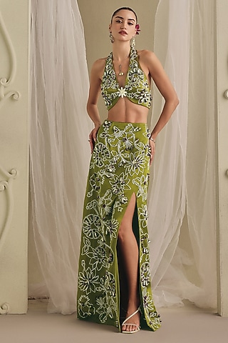 Olive Green Gajji Silk Floral Embroidered Slit Skirt Set by Payal & Zinal