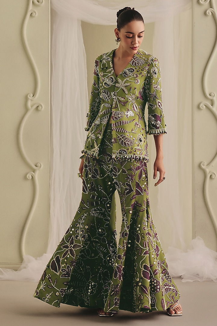 Olive Green & Purple Twill Structured Jacket Set by Payal & Zinal at Pernia's Pop Up Shop