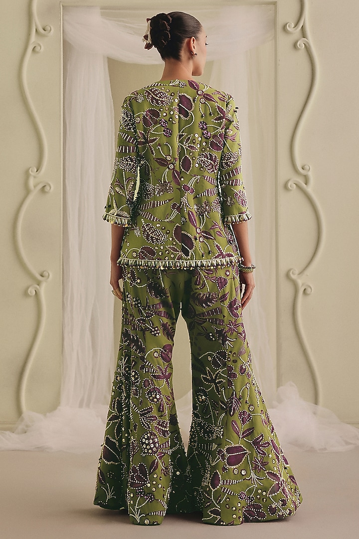 Olive Green & Purple Twill Structured Jacket Set by Payal & Zinal at Pernia's Pop Up Shop