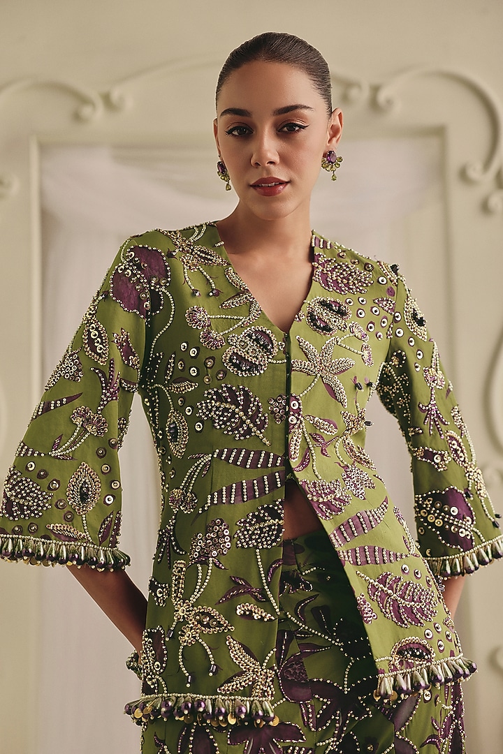 Olive Green & Purple Twill Structured Jacket Set by Payal & Zinal at Pernia's Pop Up Shop