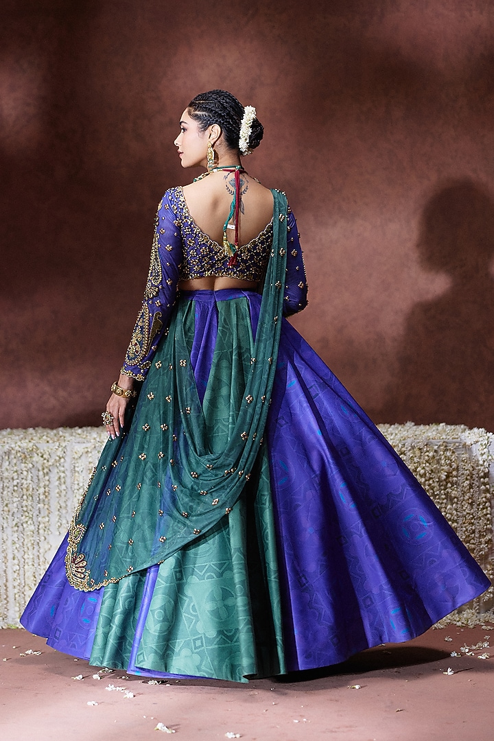 Blue & Green Wave Synthetic Hand Embroidered Wedding Lehenga Set by Payal & Zinal at Pernia's Pop Up Shop