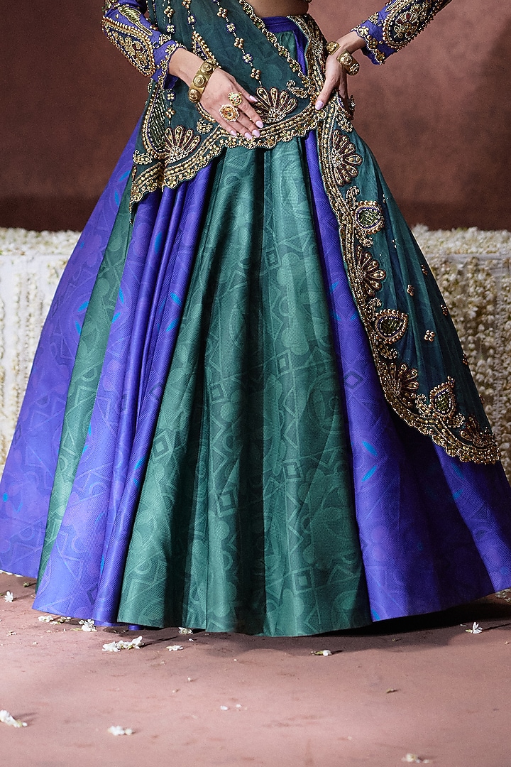 Blue & Green Wave Synthetic Hand Embroidered Wedding Lehenga Set by Payal & Zinal at Pernia's Pop Up Shop