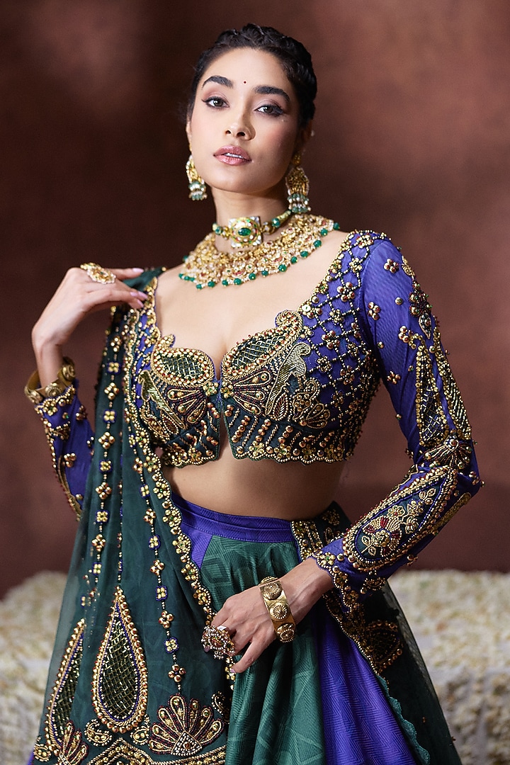 Blue & Green Wave Synthetic Hand Embroidered Wedding Lehenga Set by Payal & Zinal at Pernia's Pop Up Shop