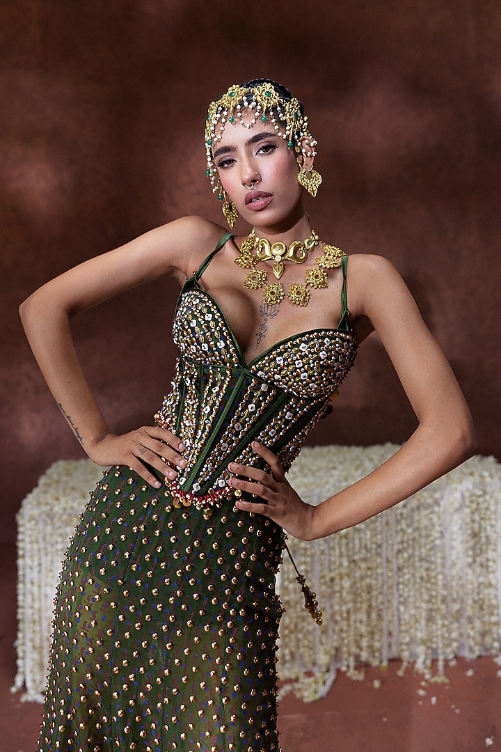 Olive Green Organza Block Printed Skirt Set by Payal & Zinal at Pernia's Pop Up Shop