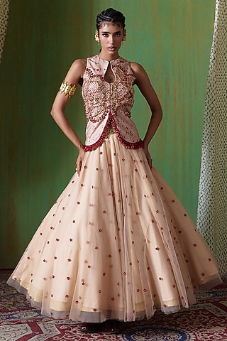 Off-White Net Floral Embellished Skirt Set by Payal & Zinal