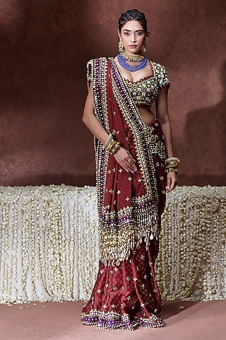 Marron Organza Satin Bandhani Block Printed Saree Set by Payal & Zinal