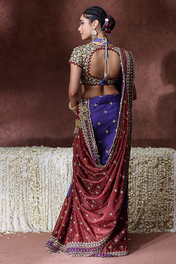 Marron Organza Satin Bandhani Block Printed Reception Saree Set by Payal & Zinal at Pernia's Pop Up Shop