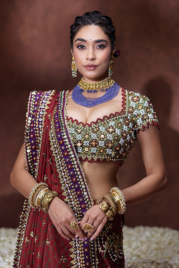 Marron Organza Satin Bandhani Block Printed Reception Saree Set by Payal & Zinal at Pernia's Pop Up Shop
