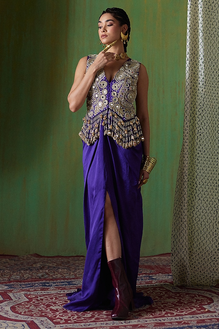 Purple Satin Organza Pleated Draped Skirt Set by Payal & Zinal at Pernia's Pop Up Shop