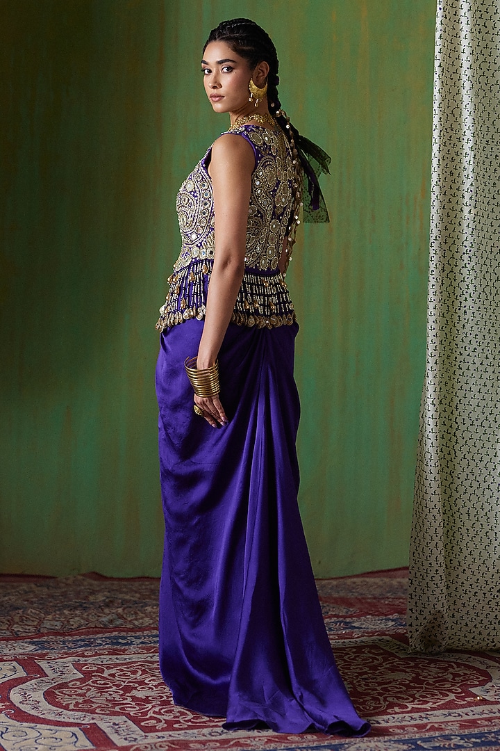 Purple Satin Organza Pleated Draped Skirt Set by Payal & Zinal at Pernia's Pop Up Shop