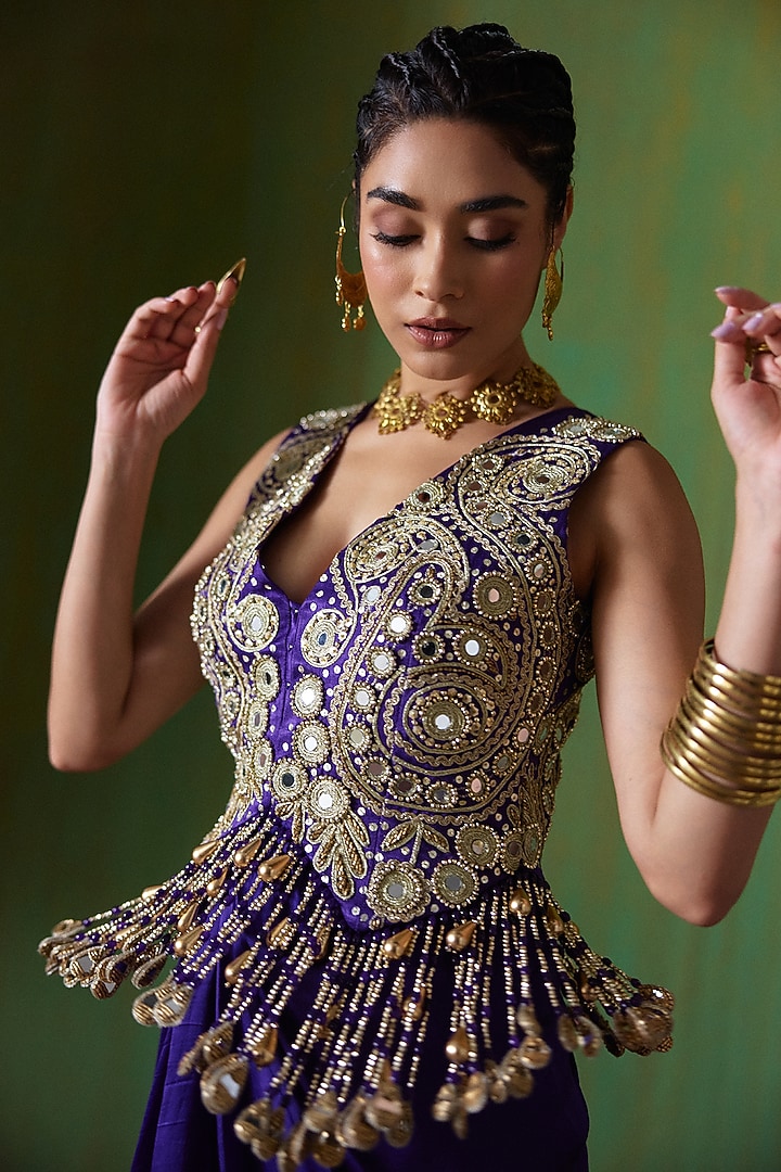 Purple Satin Organza Pleated Draped Skirt Set by Payal & Zinal at Pernia's Pop Up Shop