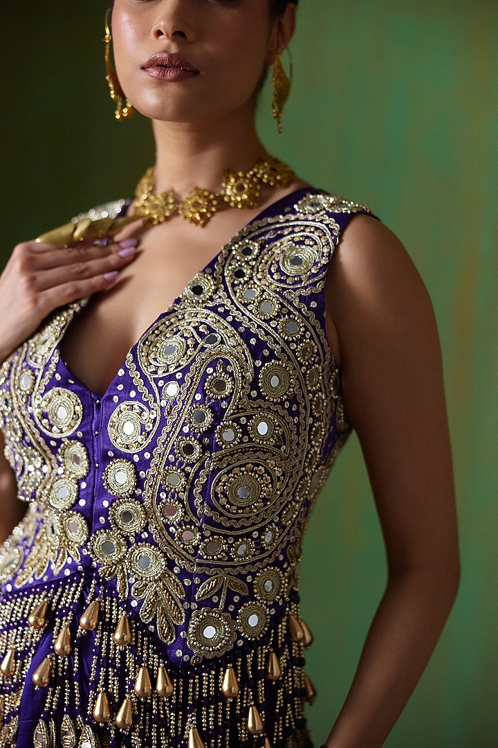Purple Satin Organza Pleated Draped Skirt Set by Payal & Zinal at Pernia's Pop Up Shop