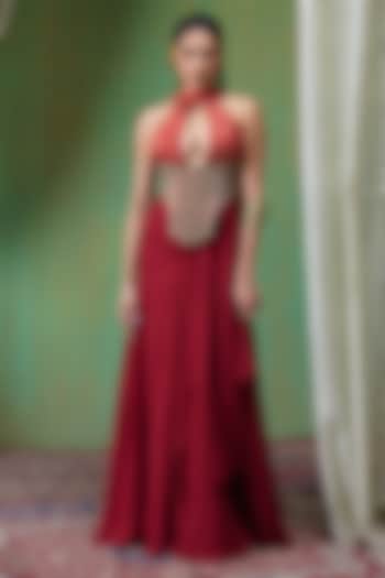 Rust Red Georgette Draped Skirt Set by Payal & Zinal at Pernia's Pop Up Shop