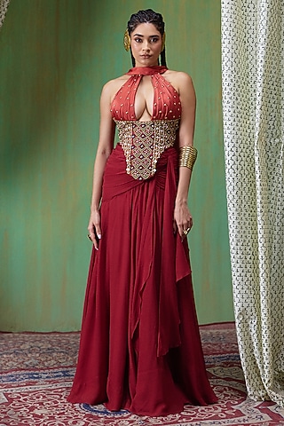 Rust Red Georgette Draped Skirt Set by Payal & Zinal
