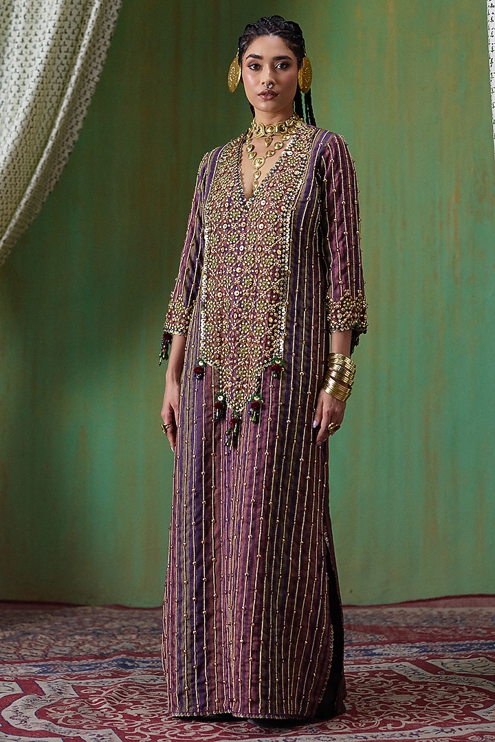 Multi-Colored Linen Mirror Embroidered Kaftan by Payal & Zinal at Pernia's Pop Up Shop