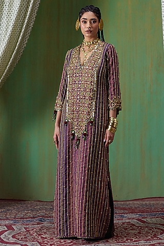 Multi-Colored Linen Mirror Embroidered Kaftan by Payal & Zinal