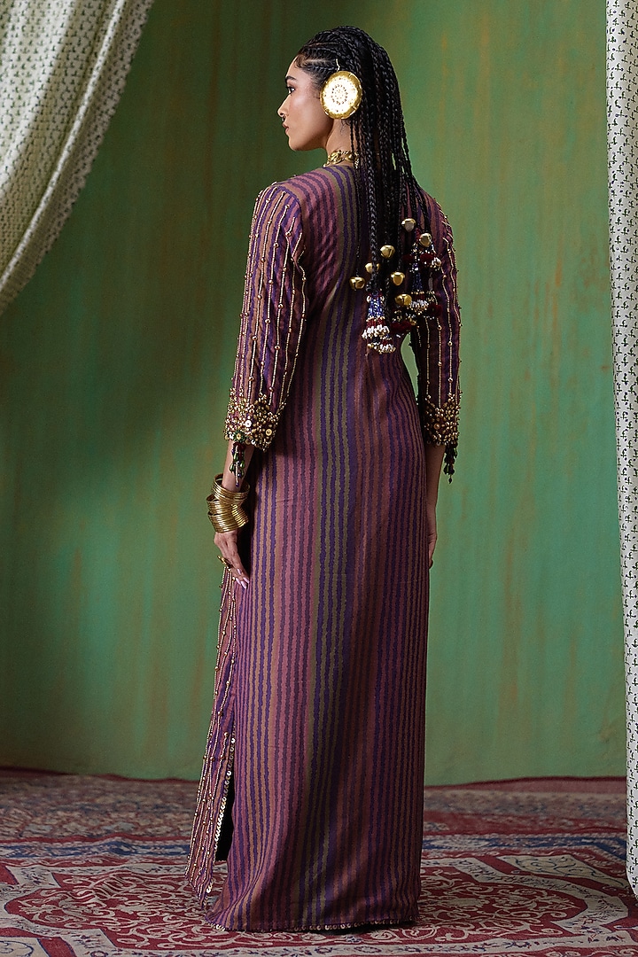 Multi-Colored Linen Mirror Embroidered Kaftan by Payal & Zinal at Pernia's Pop Up Shop