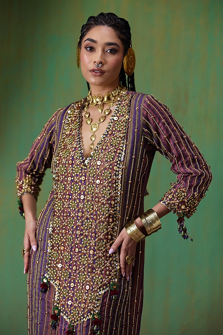 Multi-Colored Linen Mirror Embroidered Kaftan by Payal & Zinal at Pernia's Pop Up Shop