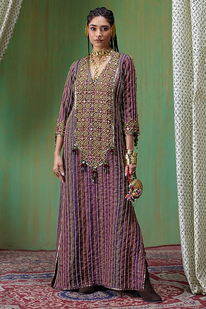 Multi-Colored Linen Mirror Embroidered Kaftan by Payal & Zinal at Pernia's Pop Up Shop