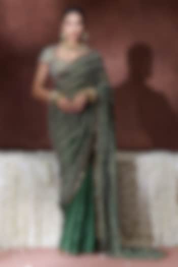 Olive Green Organza Satin Embroidered Reception Saree Set by Payal & Zinal at Pernia's Pop Up Shop