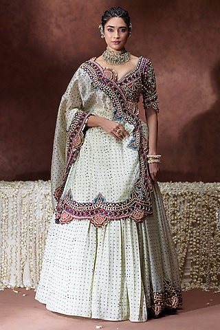 Off-White Organza Satin Pleated Lehenga Saree Set by Payal & Zinal