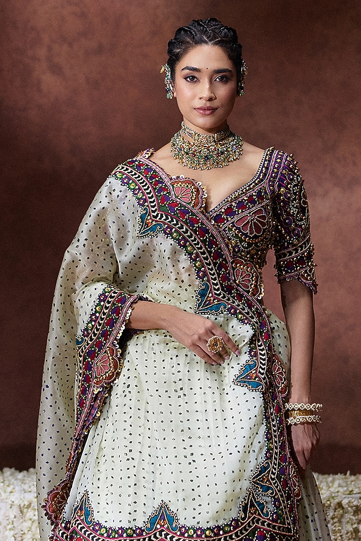Off-White Organza Satin Pleated Reception Lehenga Saree Set by Payal & Zinal at Pernia's Pop Up Shop