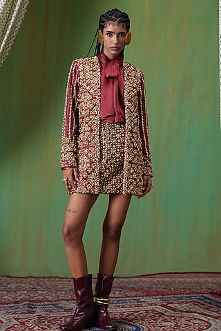 Maroon Velvet Twill Embroidered Blazer Set by Payal & Zinal