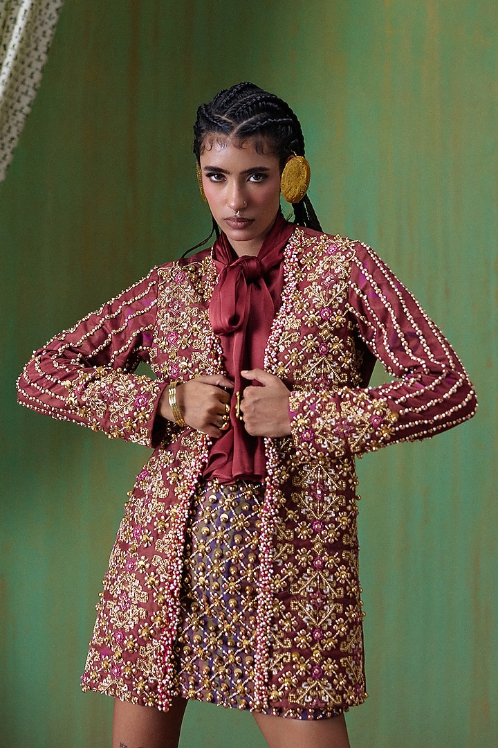 Maroon Velvet Twill Embroidered Blazer Set by Payal & Zinal at Pernia's Pop Up Shop