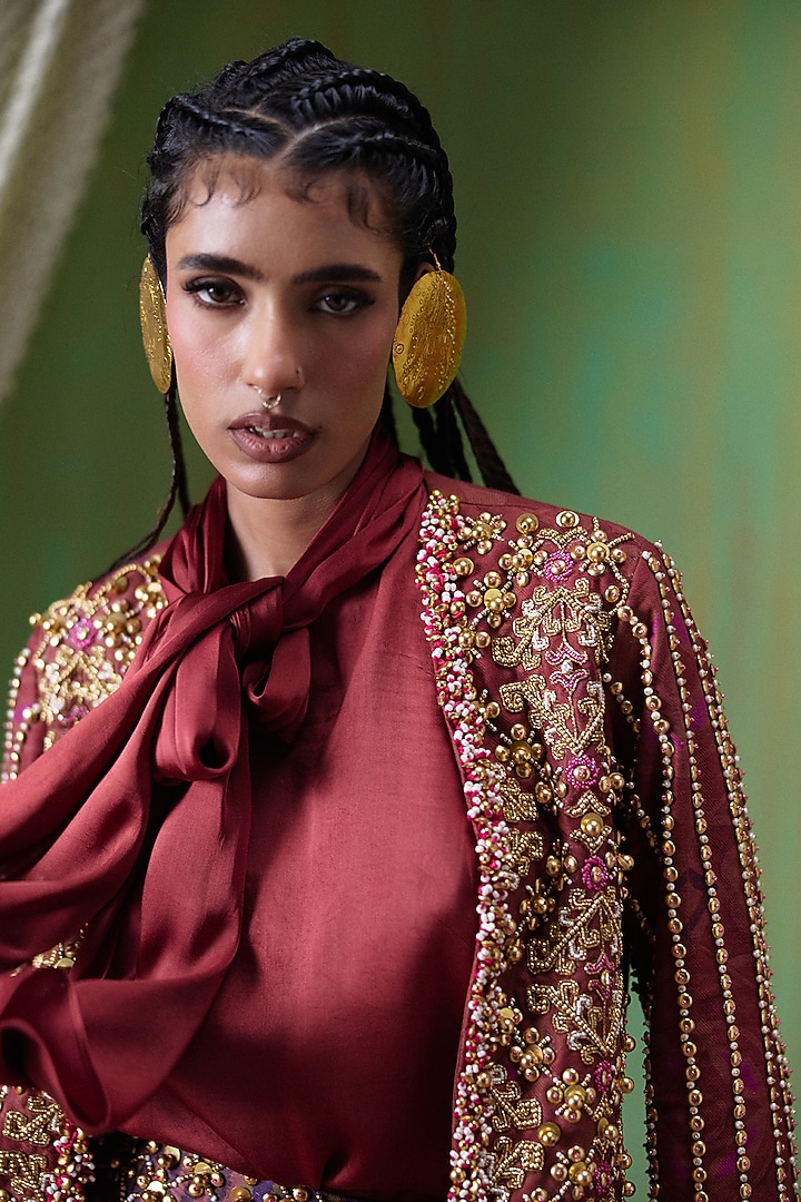 Maroon Velvet Twill Embroidered Blazer Set by Payal & Zinal at Pernia's Pop Up Shop