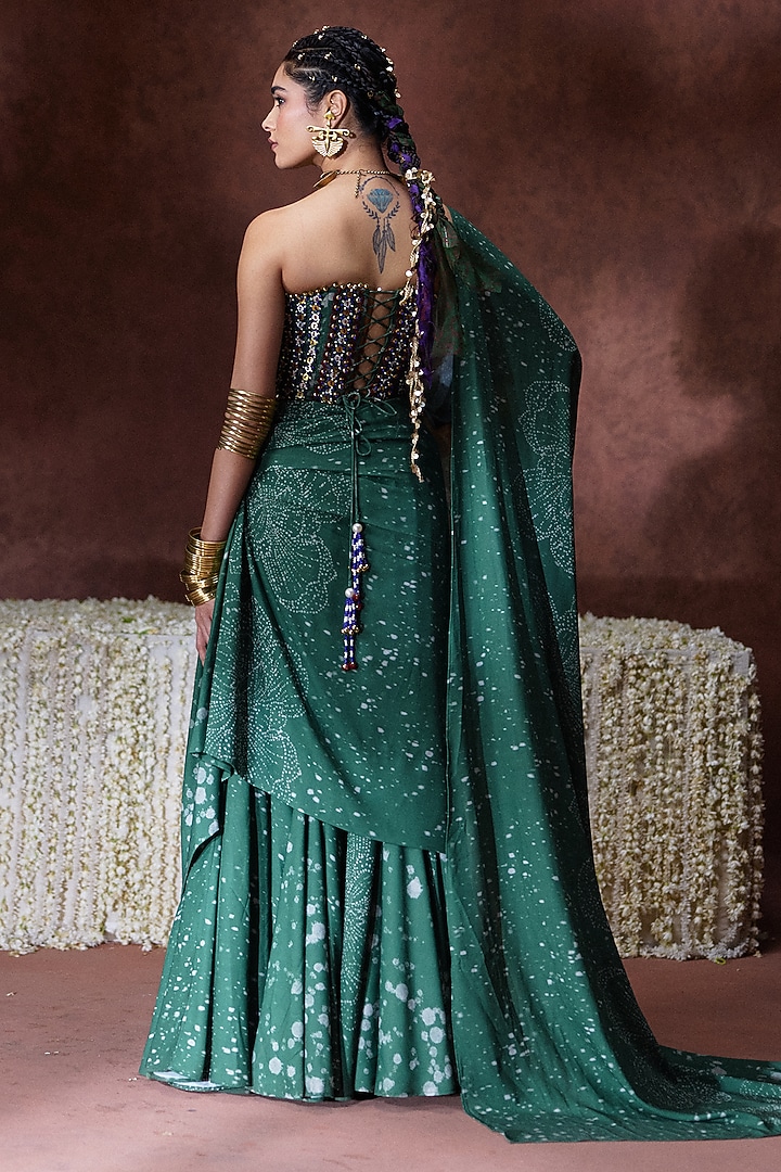 Green Georgette Printed Draped Wedding Saree Set by Payal & Zinal at Pernia's Pop Up Shop