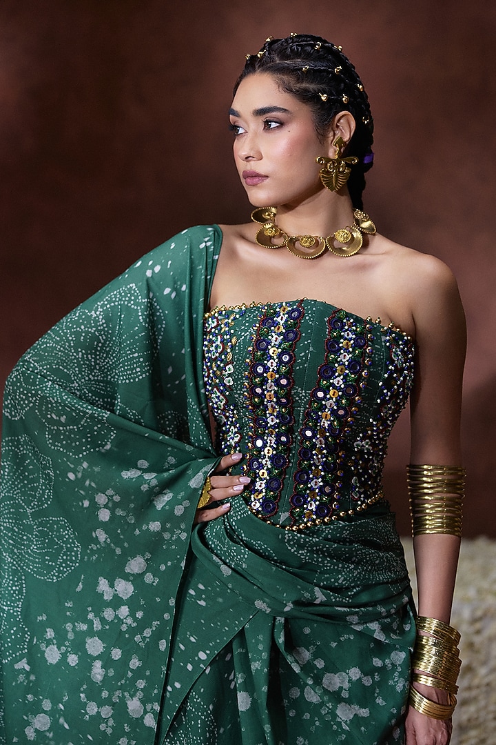 Green Georgette Printed Draped Wedding Saree Set by Payal & Zinal at Pernia's Pop Up Shop