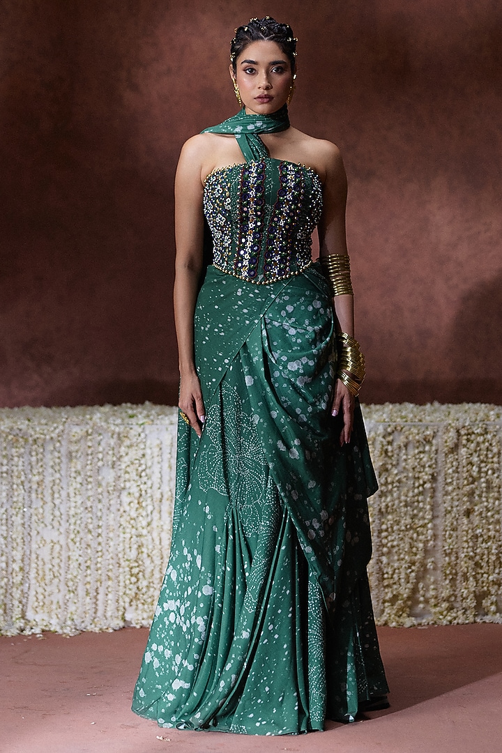 Green Georgette Printed Draped Wedding Saree Set by Payal & Zinal at Pernia's Pop Up Shop