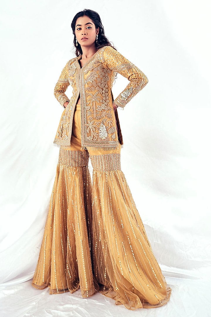 Gold Tissue Sequins Embroidered Gharara Set by Payal & Zinal at Pernia's Pop Up Shop