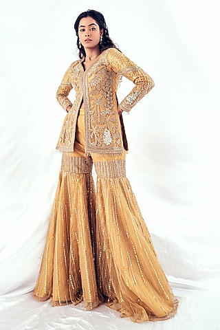 Gold Tissue Sequins Embroidered Gharara Set by Payal & Zinal