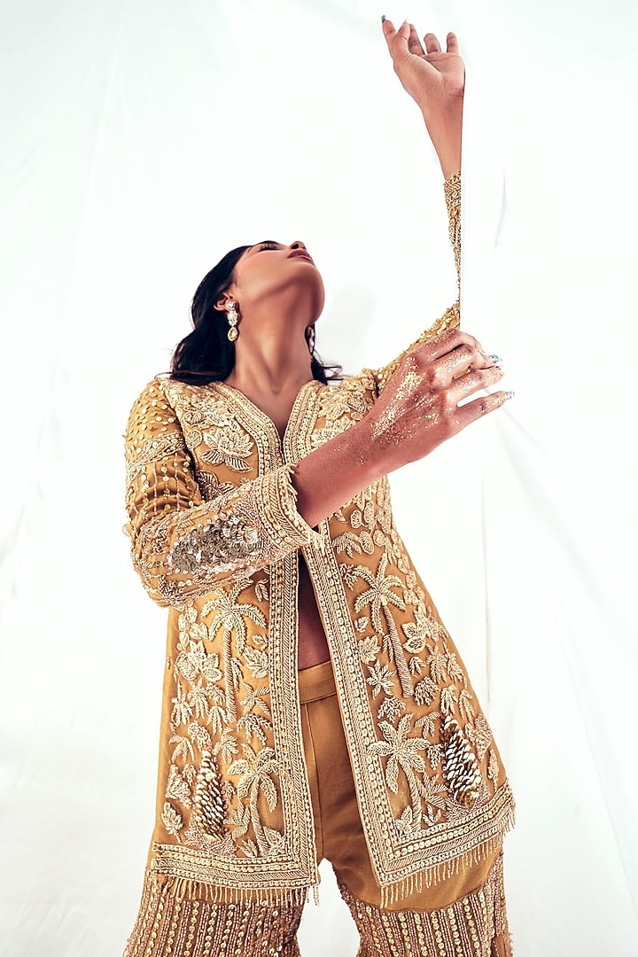 Gold Tissue Sequins Embroidered Gharara Set by Payal & Zinal at Pernia's Pop Up Shop