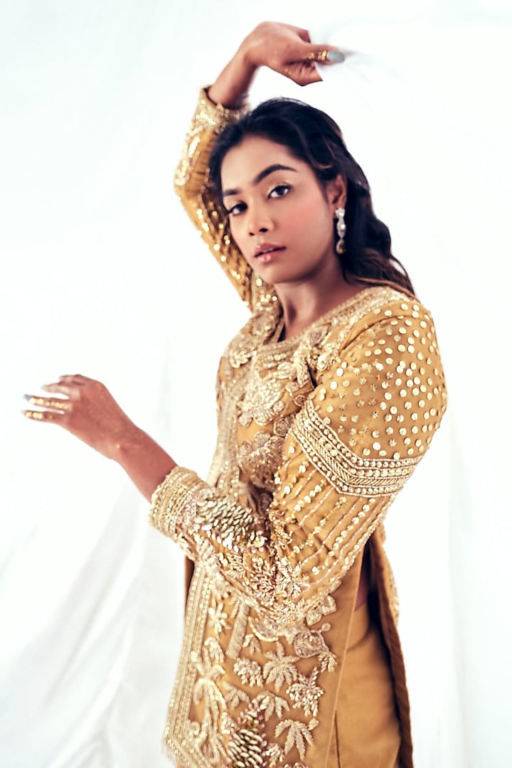 Gold Tissue Sequins Embroidered Gharara Set by Payal & Zinal at Pernia's Pop Up Shop
