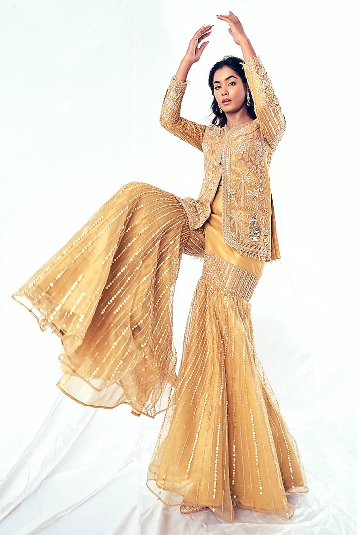 Gold Tissue Sequins Embroidered Gharara Set by Payal & Zinal at Pernia's Pop Up Shop
