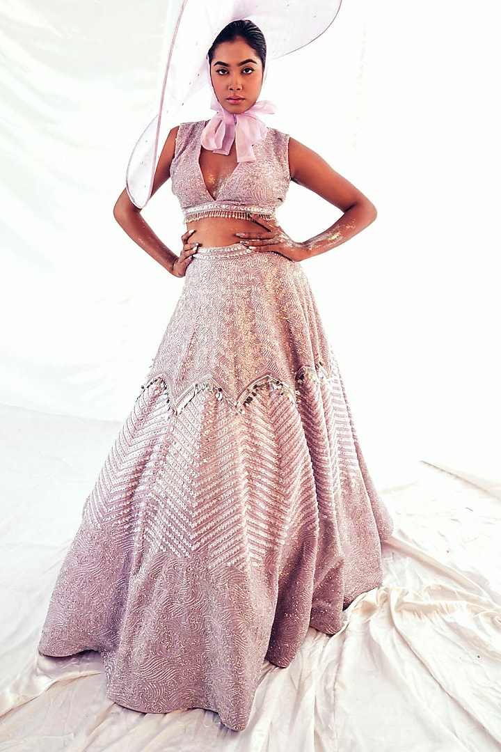 Lilac Gajji Silk Embroidered Bridal Lehenga Set by Payal & Zinal at Pernia's Pop Up Shop