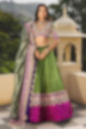 Olive Green & Purple Gajji Silk Hand Embroidered Bridal Lehenga Set by Payal & Zinal at Pernia's Pop Up Shop