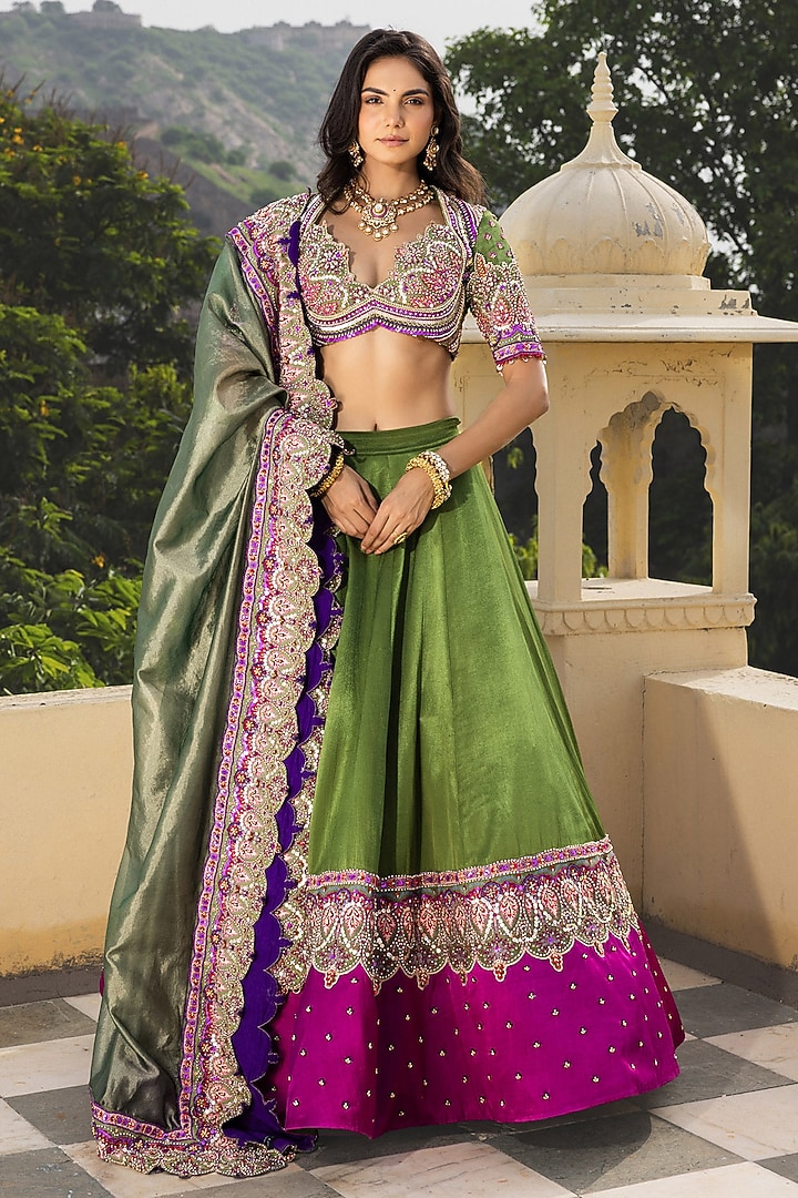 Olive Green & Purple Gajji Silk Hand Embroidered Bridal Lehenga Set by Payal & Zinal at Pernia's Pop Up Shop