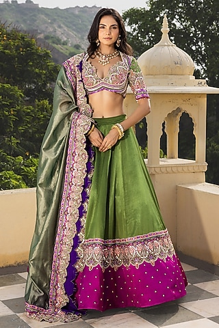 Olive Green & Purple Gajji Silk Hand Embroidered Lehenga Set by Payal & Zinal