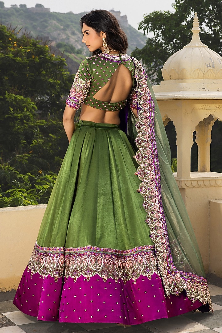 Olive Green & Purple Gajji Silk Hand Embroidered Bridal Lehenga Set by Payal & Zinal at Pernia's Pop Up Shop