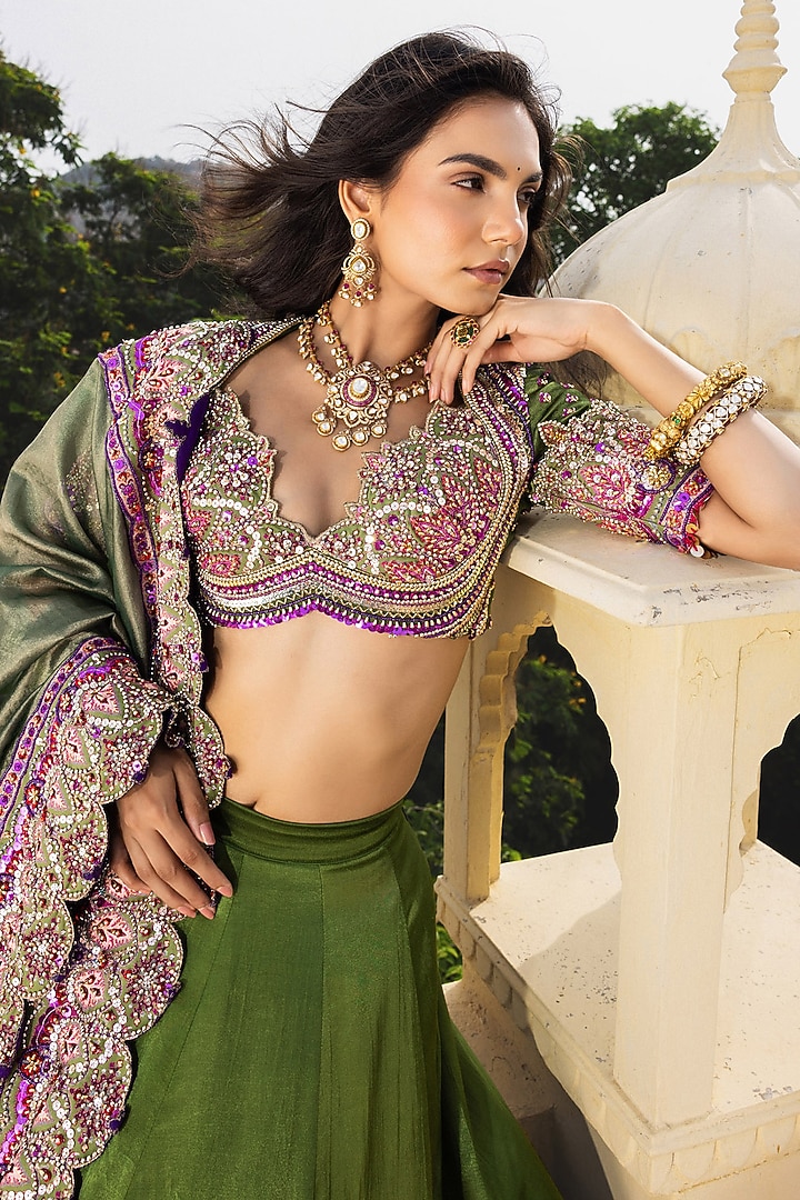 Olive Green & Purple Gajji Silk Hand Embroidered Bridal Lehenga Set by Payal & Zinal at Pernia's Pop Up Shop