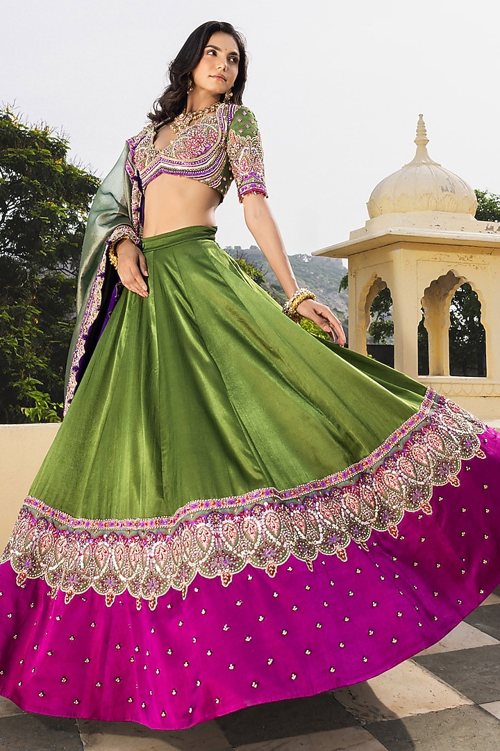 Olive Green & Purple Gajji Silk Hand Embroidered Bridal Lehenga Set by Payal & Zinal at Pernia's Pop Up Shop