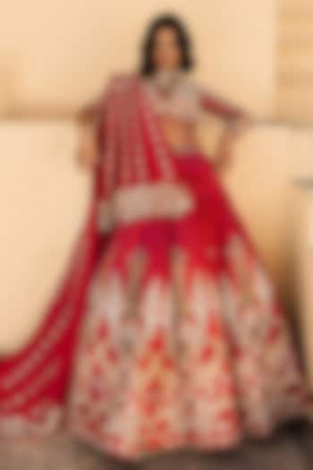 Red Satin Silk Motif Embroidered Bridal Lehenga Set by Payal & Zinal at Pernia's Pop Up Shop