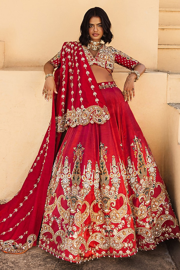 Red Satin Silk Motif Embroidered Bridal Lehenga Set by Payal & Zinal at Pernia's Pop Up Shop
