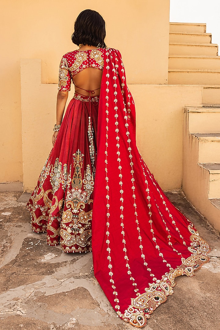 Red Satin Silk Motif Embroidered Bridal Lehenga Set by Payal & Zinal at Pernia's Pop Up Shop